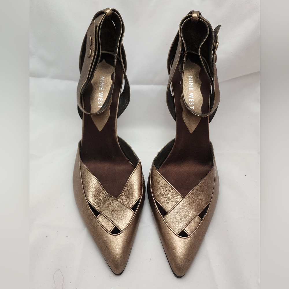Nine West Antique Gold Leather Ankle Strap Heels Size